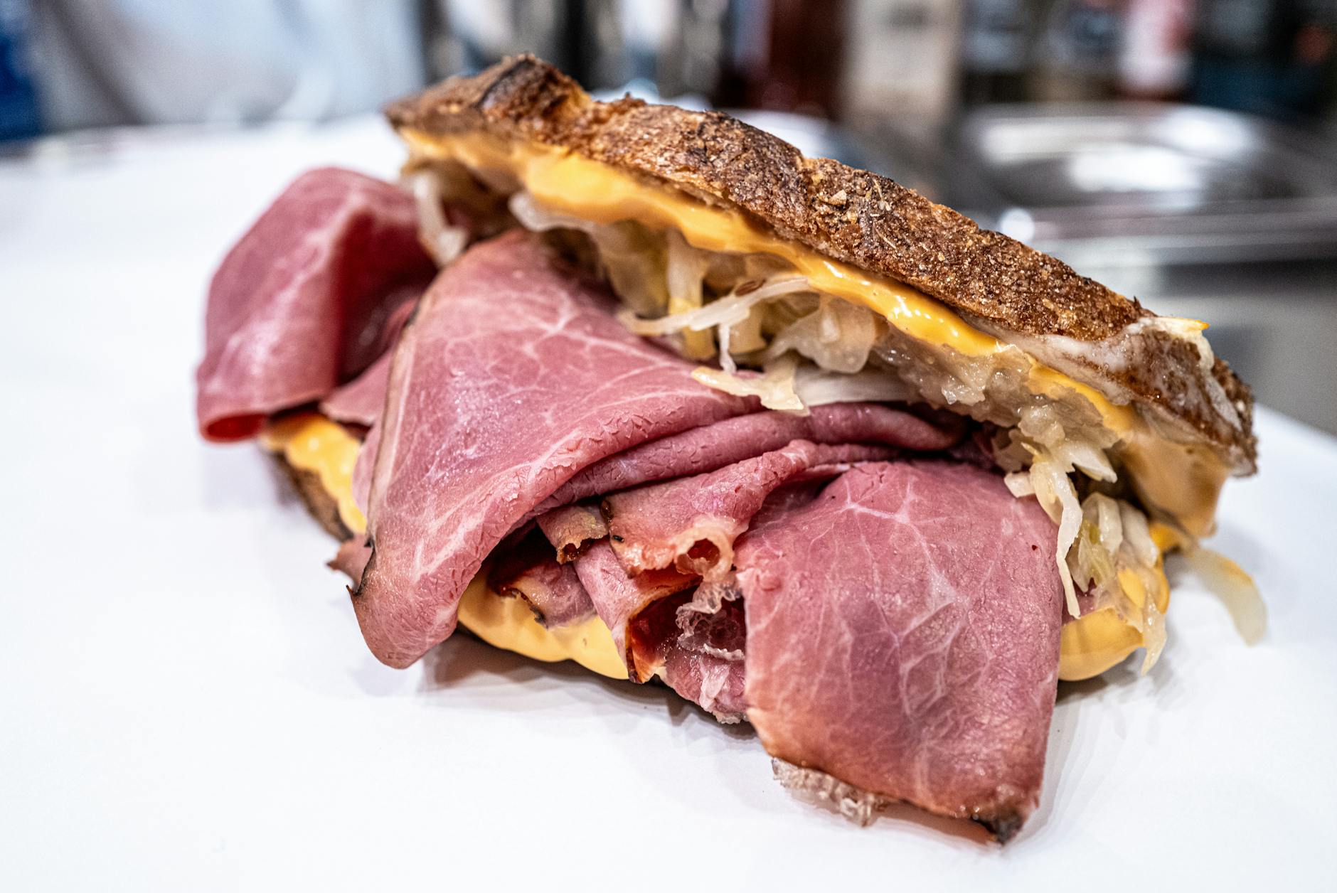 close up of a ham sandwich