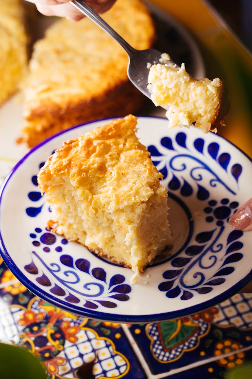 delicious homemade corn cake slice on traditional plate