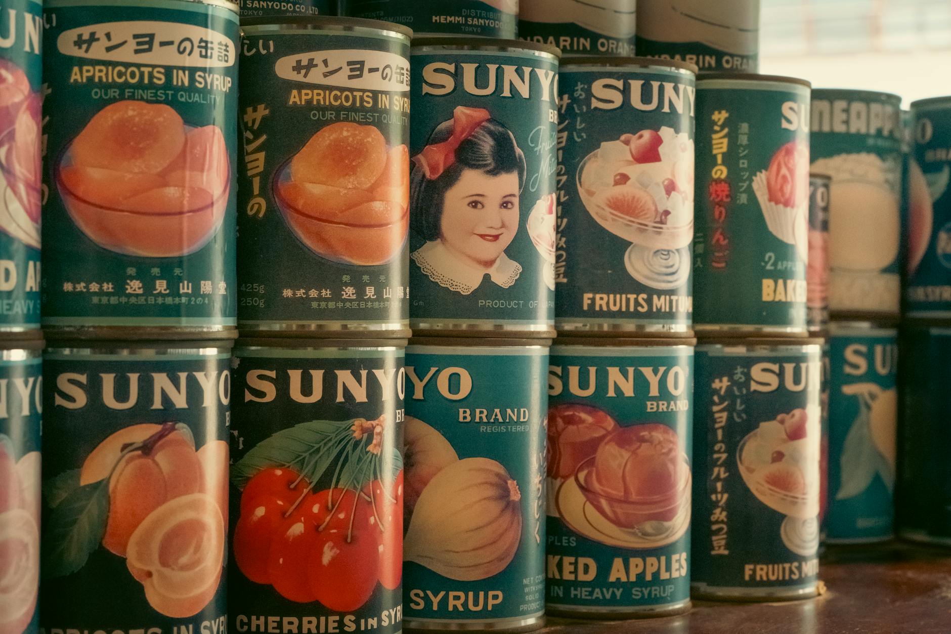 vintage japanese canned fruits display in tokyo