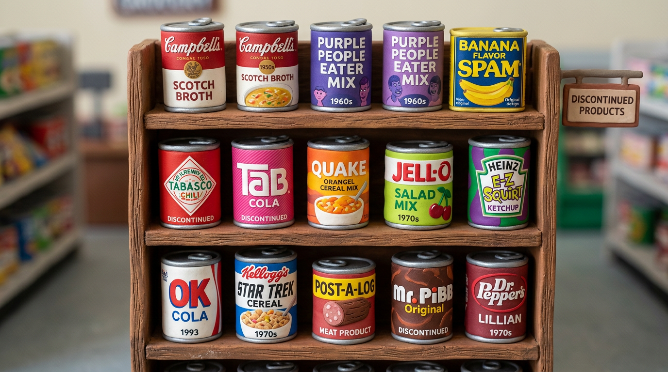 Assortment of discontinued vintage canned food and soda products on a wooden shelf