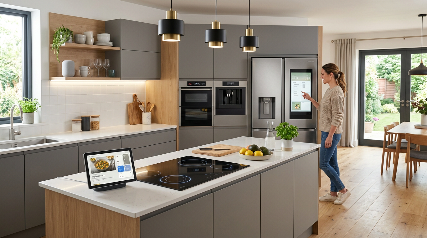 Woman using touchscreen interface on a smart refrigerator in a contemporary kitchen
