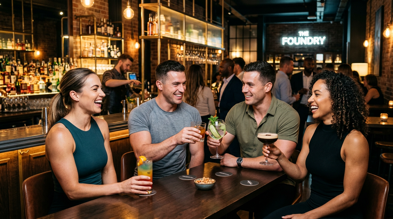 Four friends seated at a bar table toasting with different cocktails and smiling