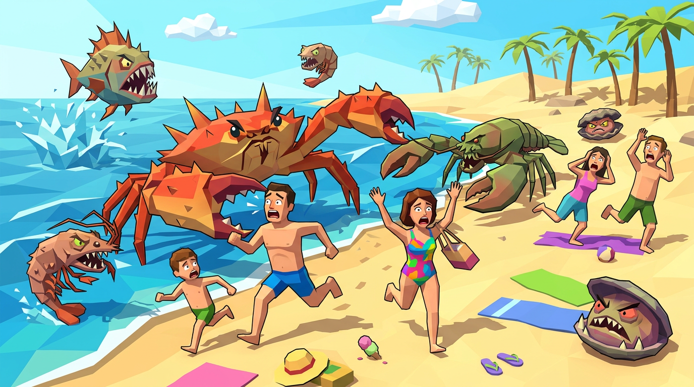 Giant aggressive sea creatures attacking people running on a sandy beach