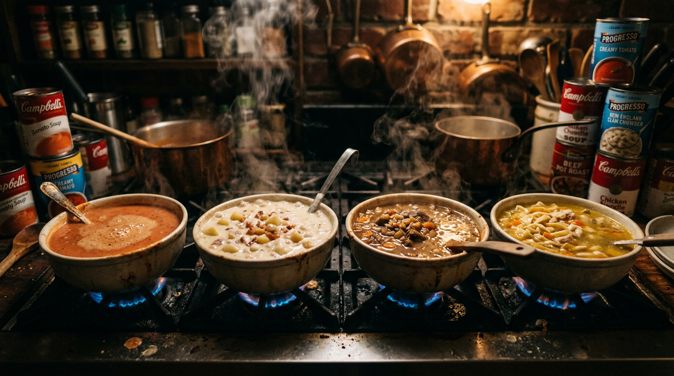 Various simmering unhealthy canned soup bowls