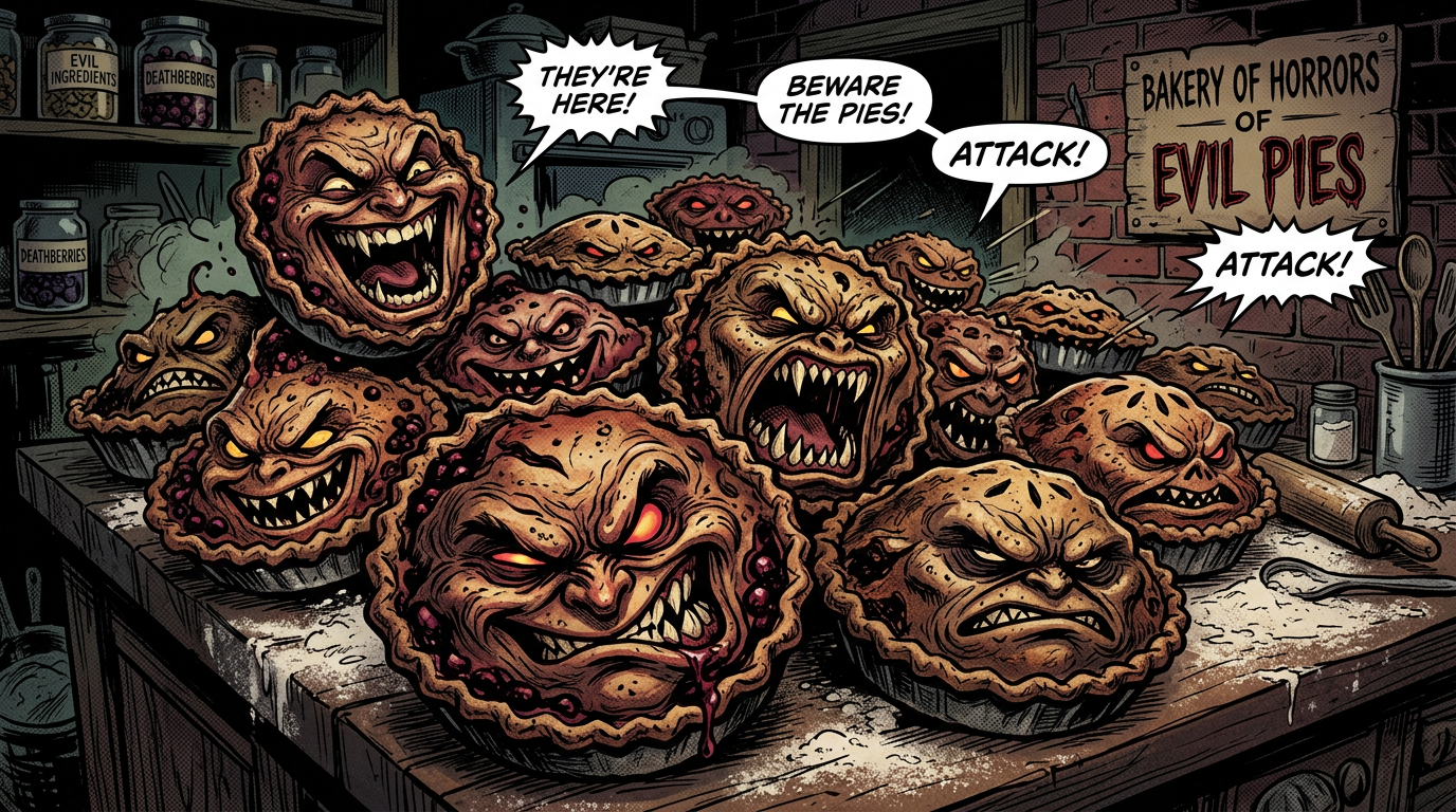 Group of menacing pies with angry faces in a bakery setting