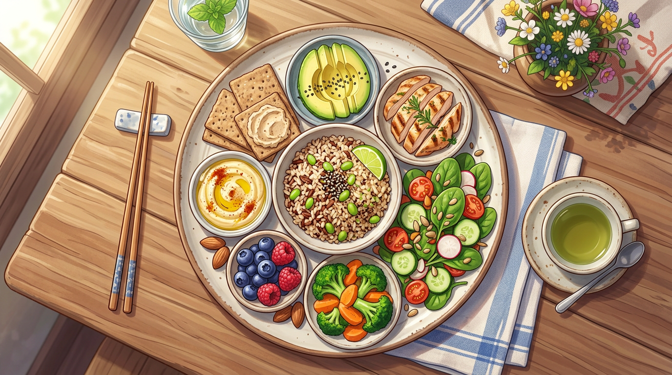 Plate with rice bowl, grilled chicken, salad, avocado, hummus, crackers, berries, and steamed vegetables
