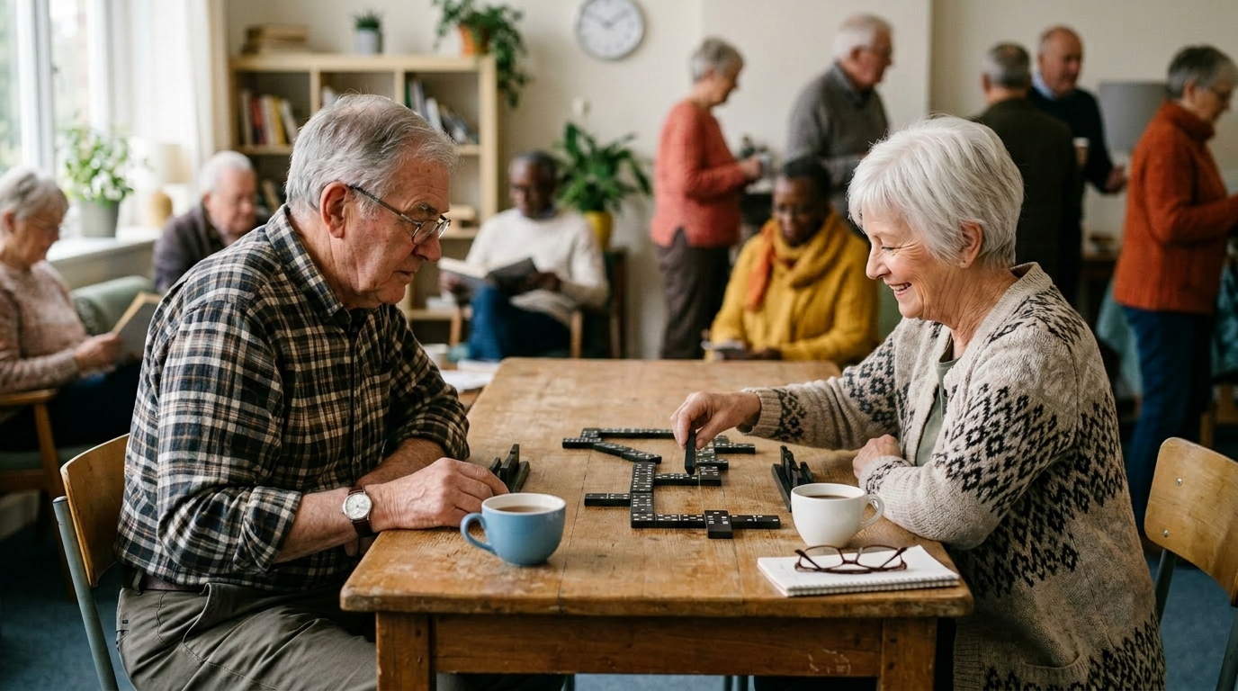 Two elderly people playing chess at a wooden table in a social community center