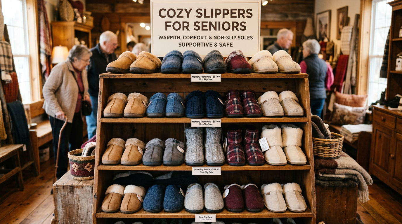 Wooden display rack with various styles of cozy slippers for seniors