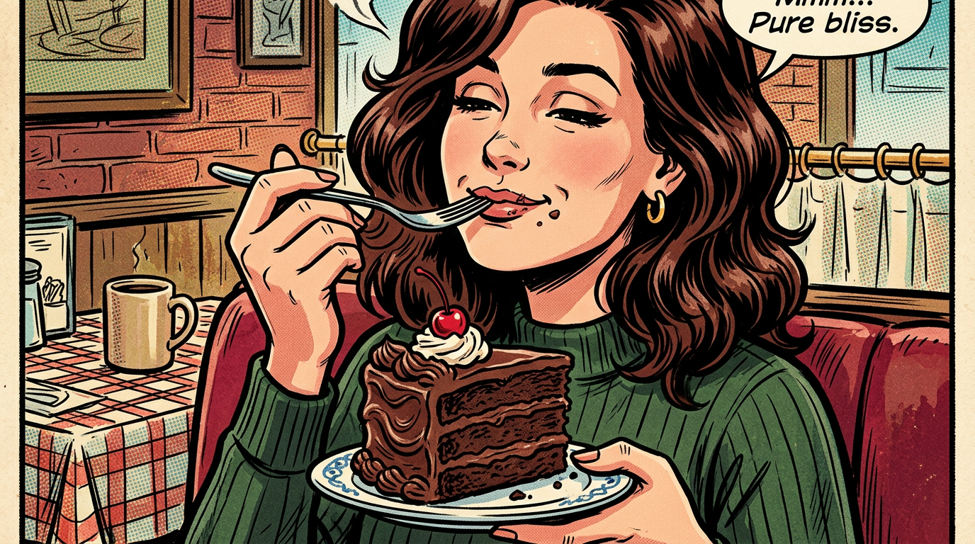 Woman sensually eating large slice of cake