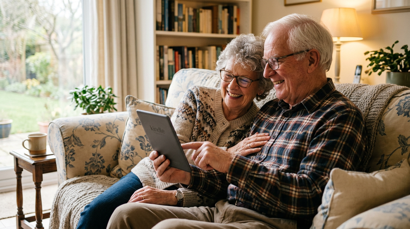Seniors using an eReader together