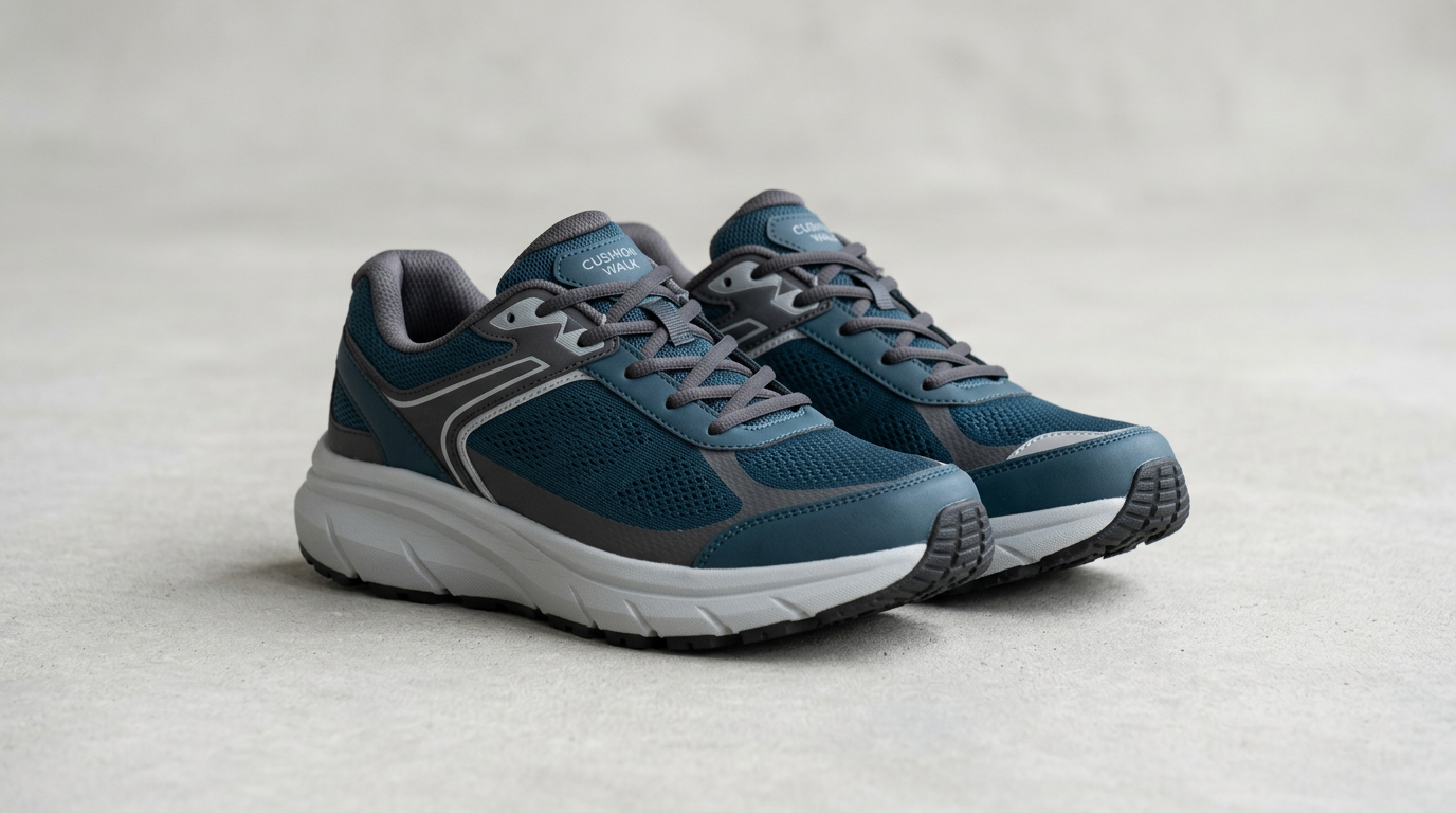 Pair of navy blue and gray cushioned walking shoes on a light background