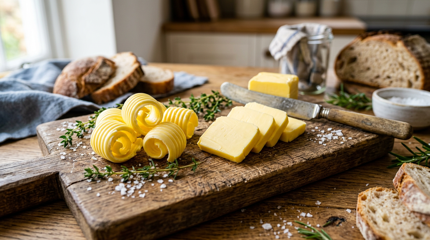 Sliced and curled butter with sea salt and herbs on wooden board next to rustic bread