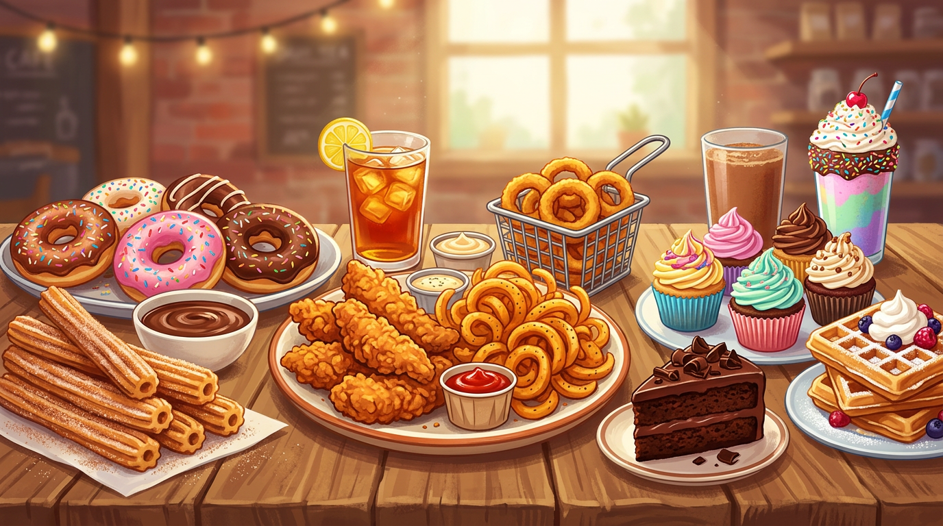Plate of donuts, churros with chocolate dip, fried chicken strips, curly fries with dipping sauces, onion rings, cupcakes with frosting, chocolate cake slice, waffles with berries, iced tea, milkshake and coffee drinks