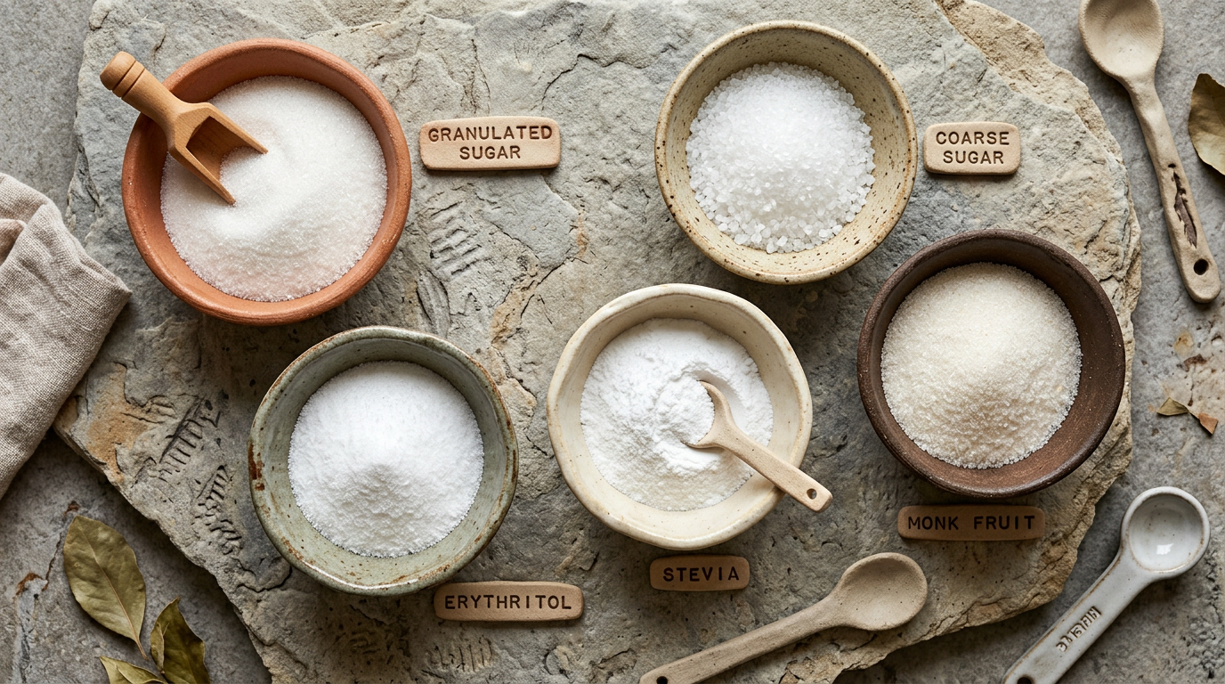 Bowls of granulated sugar, coarse sugar, erythritol, stevia, and monk fruit sweeteners
