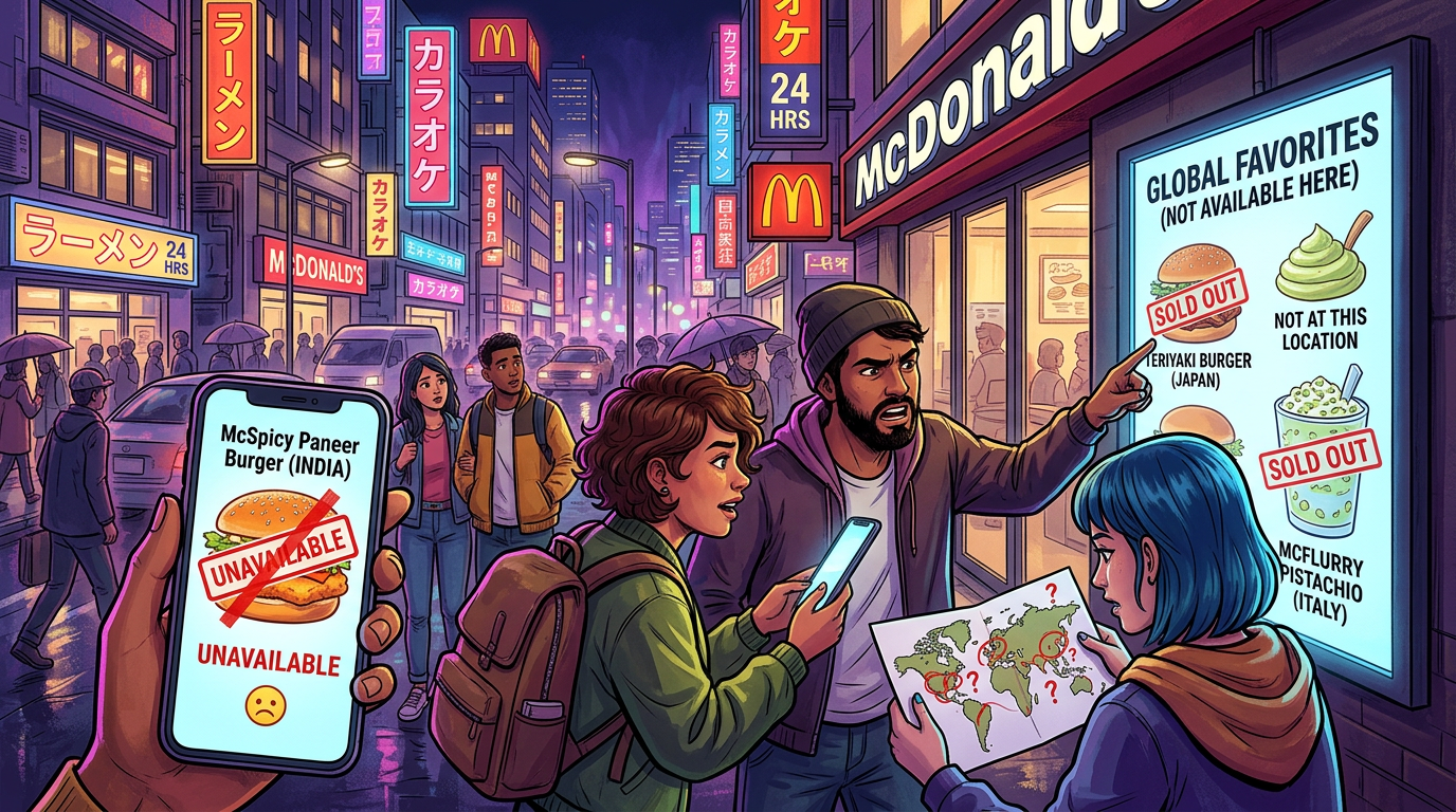 People looking concerned at McDonald's sign showing global favorites sold out and unavailable on phone