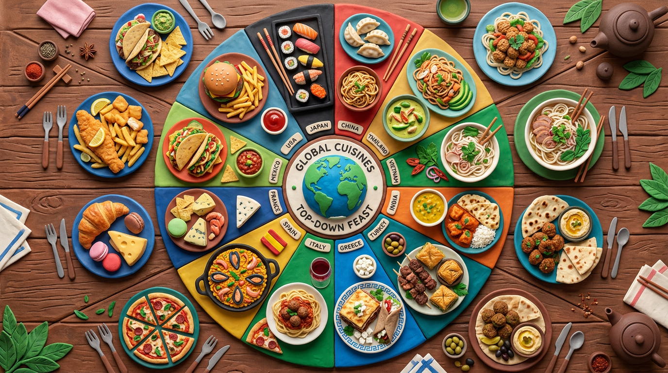 Top-down view of various international dishes arranged by country around a globe illustration