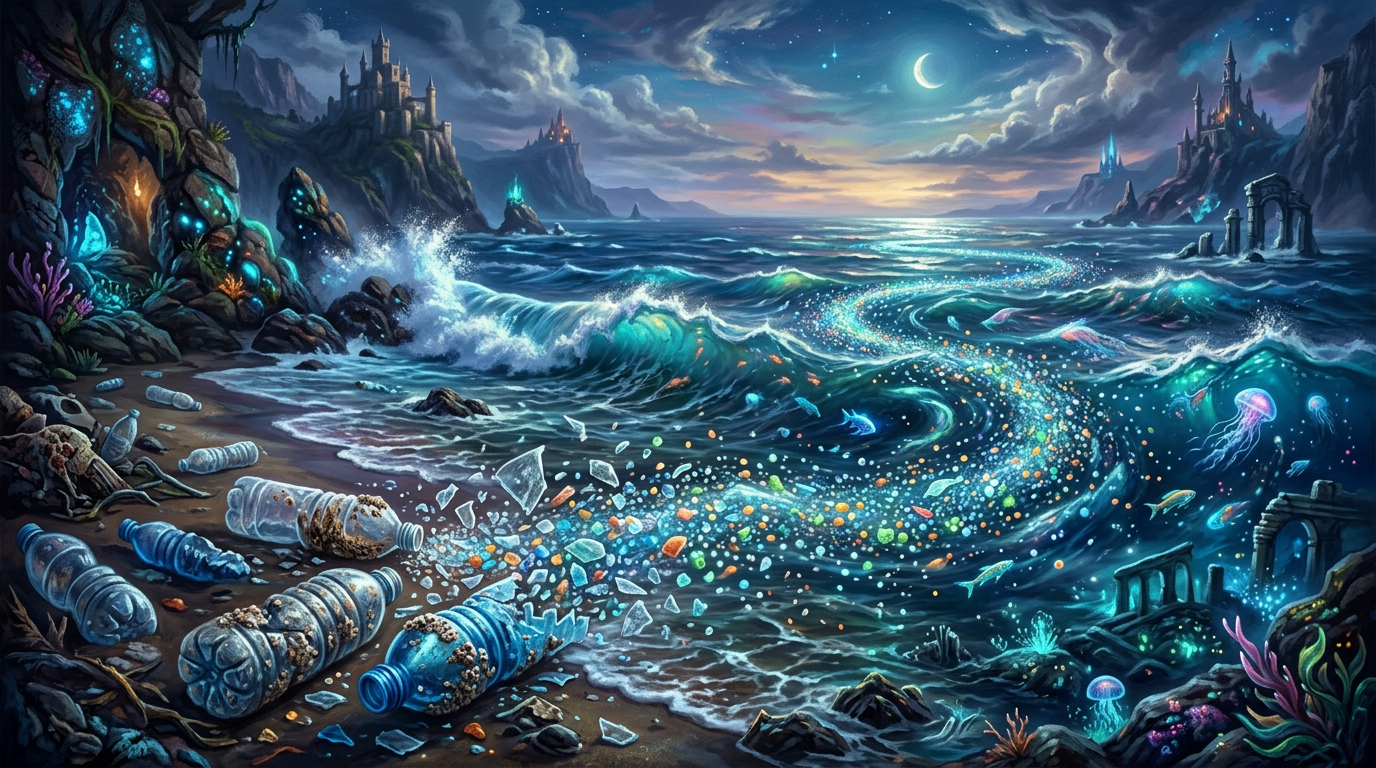 Ocean shore with plastic bottles transforming into colorful fish and jellyfish near ancient ruins