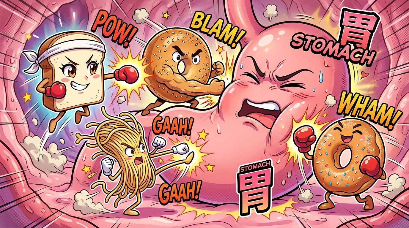 Cartoon bread, spaghetti, bagel, and donut boxing and hitting an animated stomach