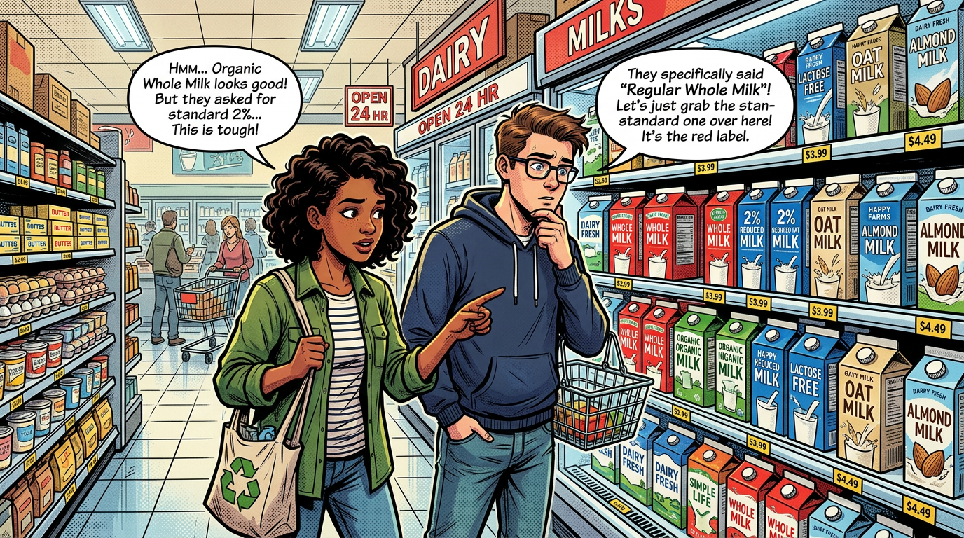 Two people in a grocery store choosing between various milk options on shelves