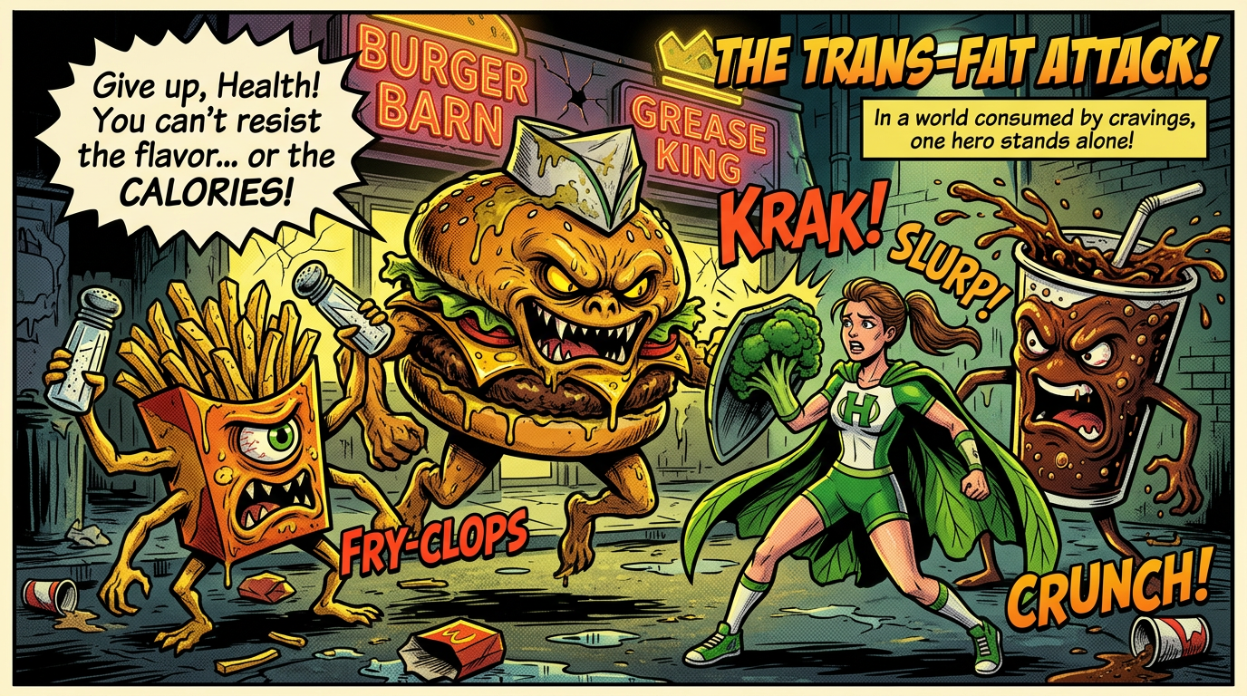 Superhero woman battling personified fast food items—fries, burger, and soda—with action sounds