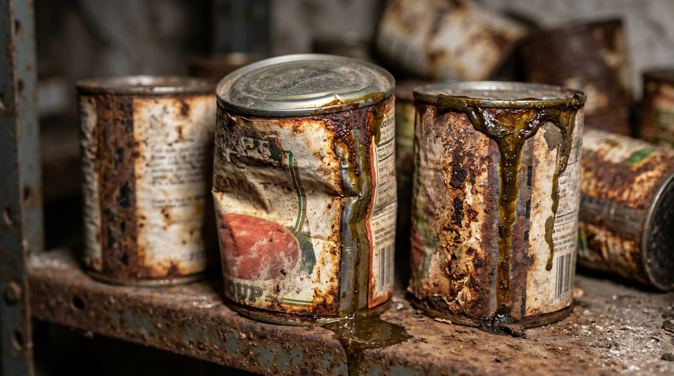 Rusty, dented soup cans with liquid leaking down their sides on a corroded metal shelf