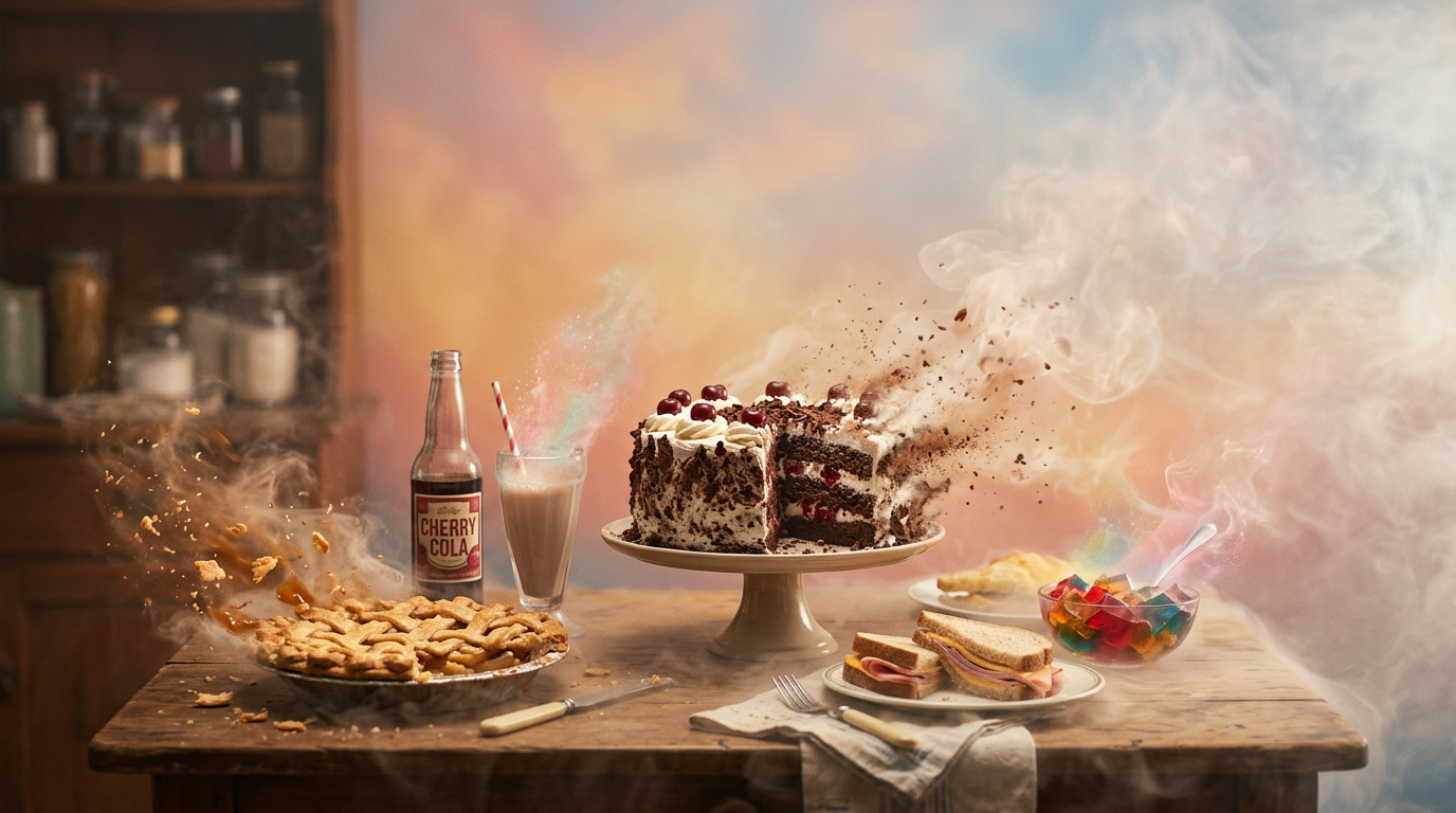 Chocolate cherry cake slice exploding with crumbs and smoke on wooden table with pie, cherry cola, milkshake, sandwiches, and jelly bowl