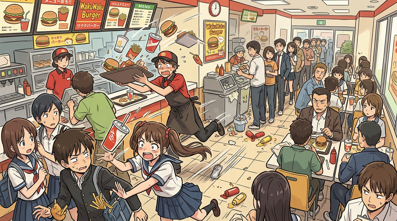 Fast-food worker dropping tray with food and drink in busy restaurant