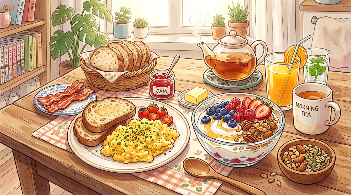 Breakfast table with scrambled eggs, toast, berries with yogurt, bacon, tea, and orange juice