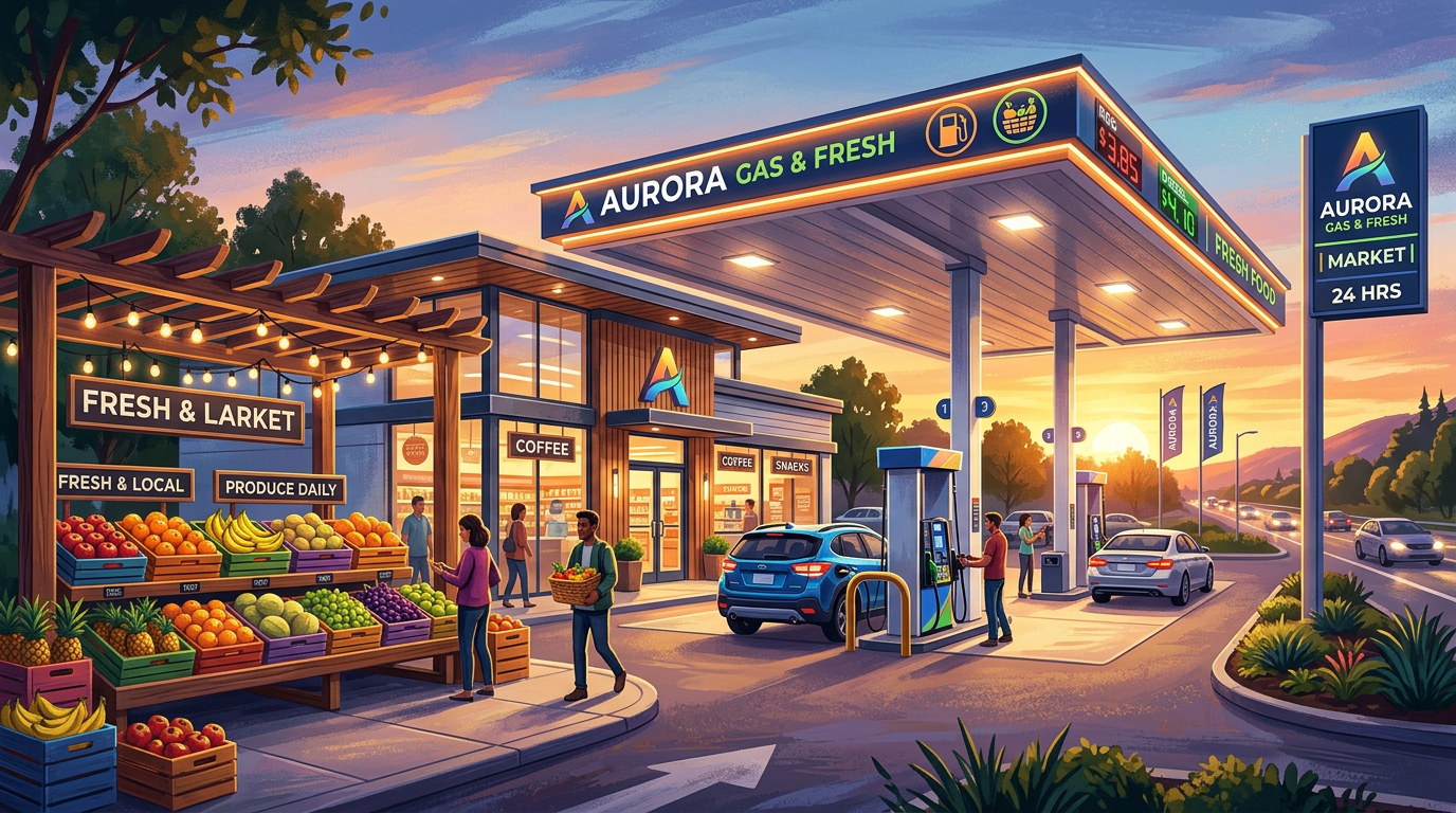 Gas station with fresh produce market and customers fueling cars at sunset