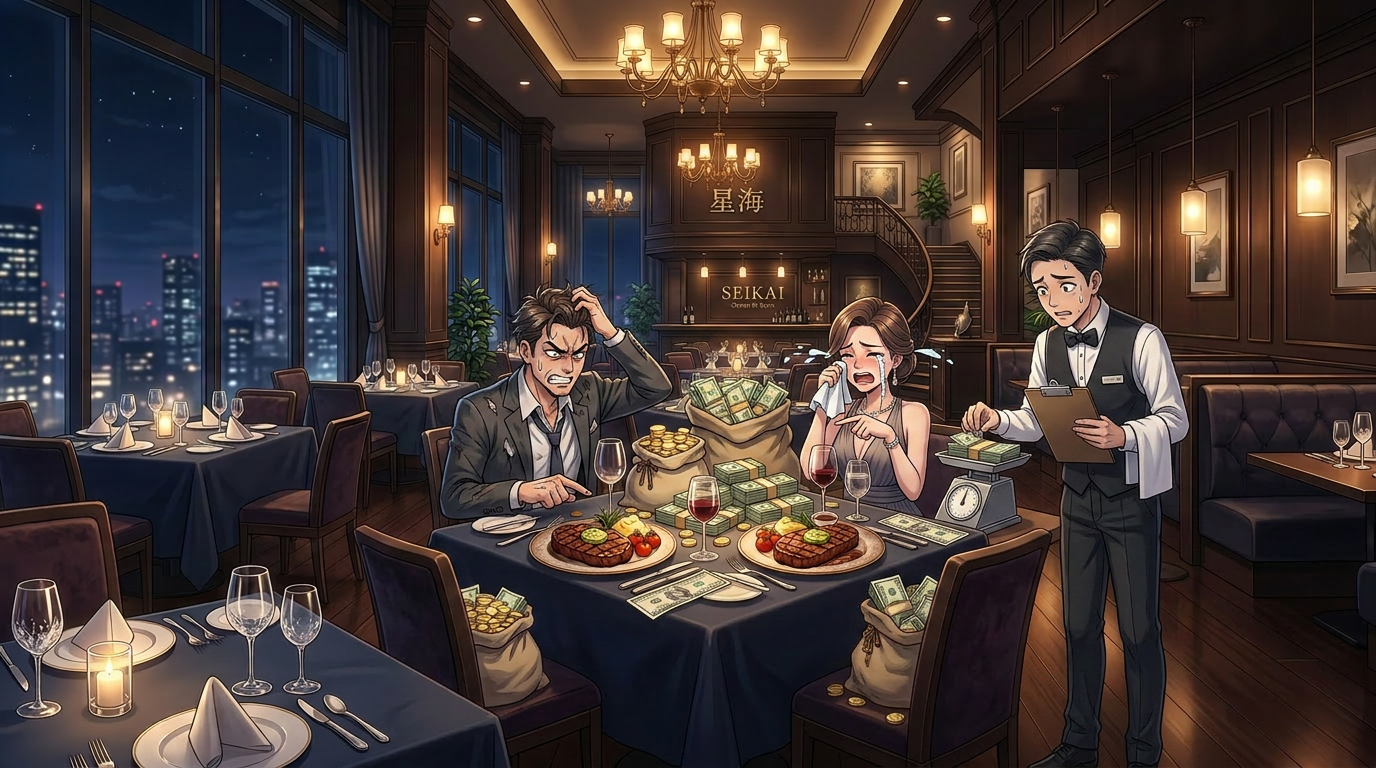 Upscale restaurant interior with tables set for dining and cityscape visible through large windows at night