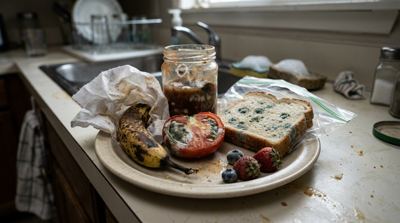 Plate with moldy bread, rotten tomato, overripe banana, moldy jam, and fresh berries on kitchen counter