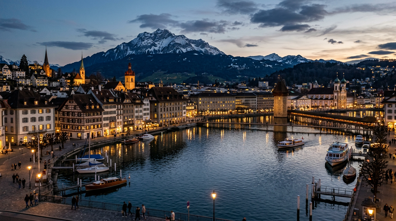 Luzern waterfront at dusk with historic buildings, wooden bridge, boats, and snowy mountain in background