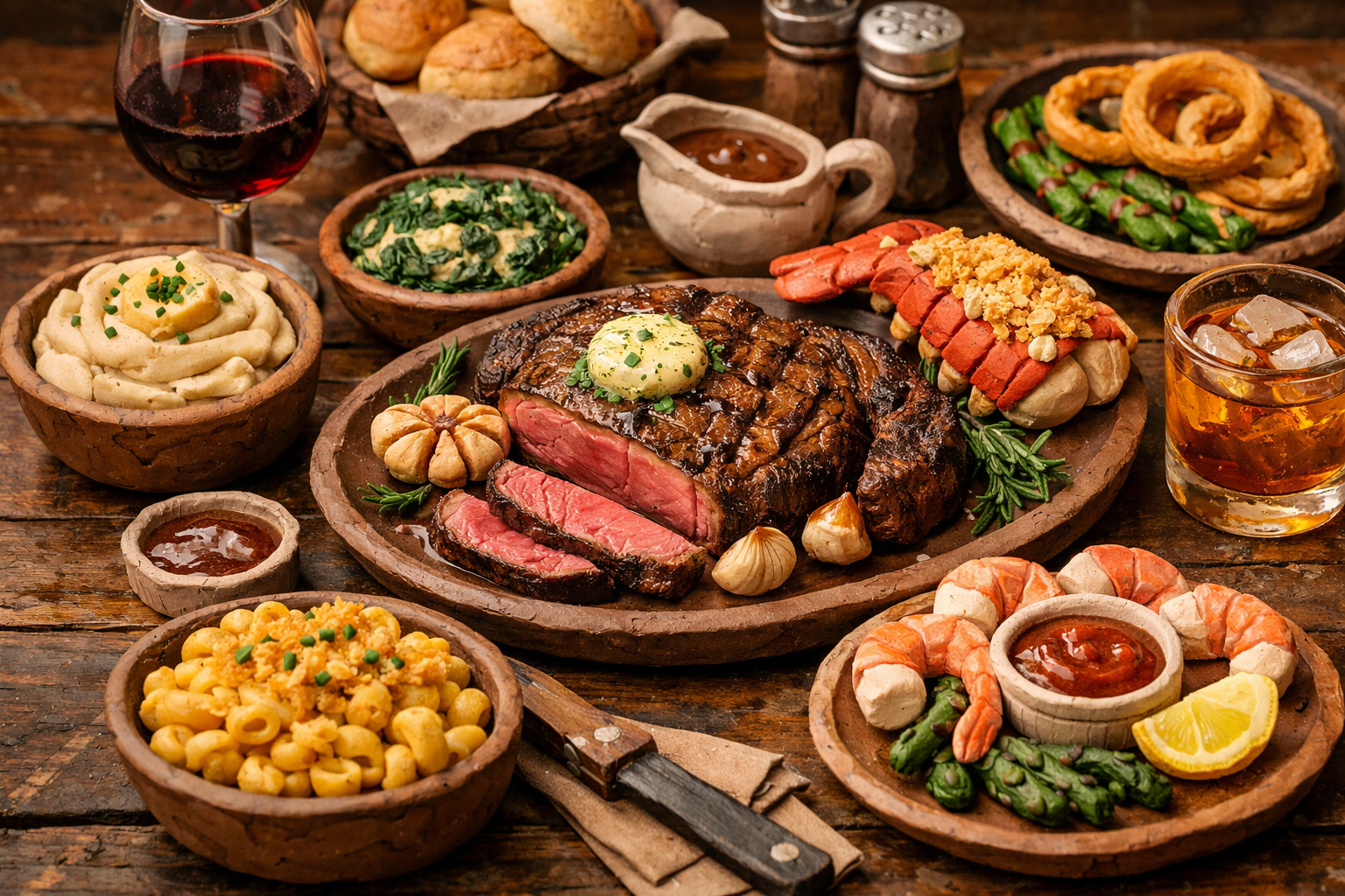 Grilled steak with garlic and butter, shrimp appetizer with cocktail sauce, macaroni and cheese, mashed potatoes, green spinach, hot dogs with crushed topping, onion rings, and drinks on wooden table