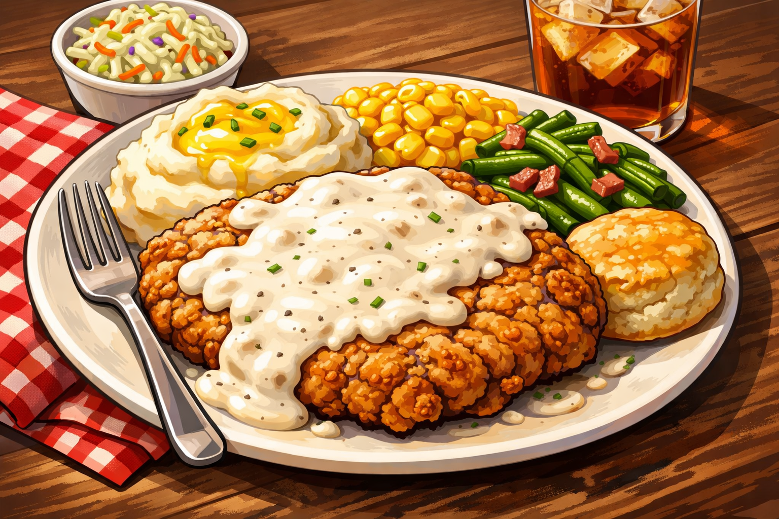 Plate with chicken fried steak covered in white gravy, mashed potatoes with gravy, corn, green beans with bacon, biscuit, and a drink with ice