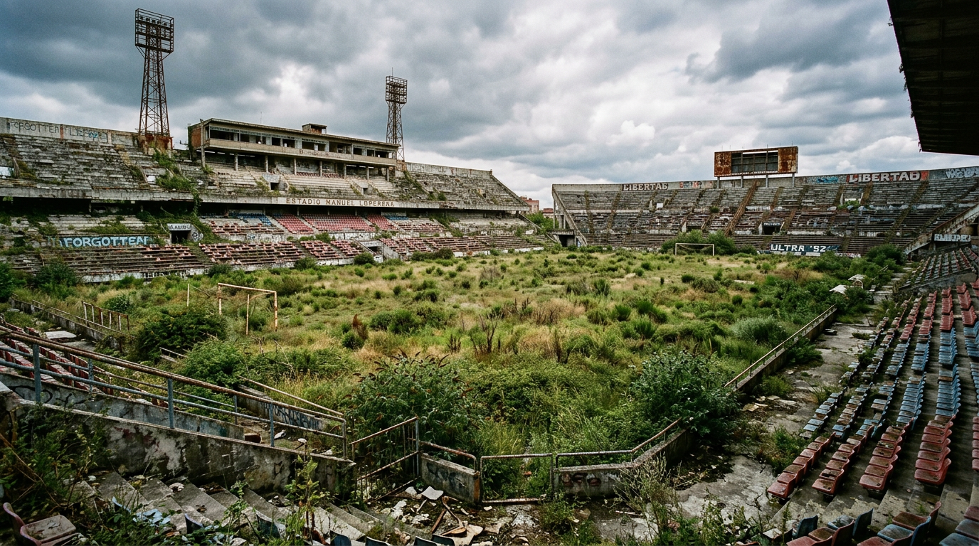 Derelict football stadium with overgrown field and broken stands