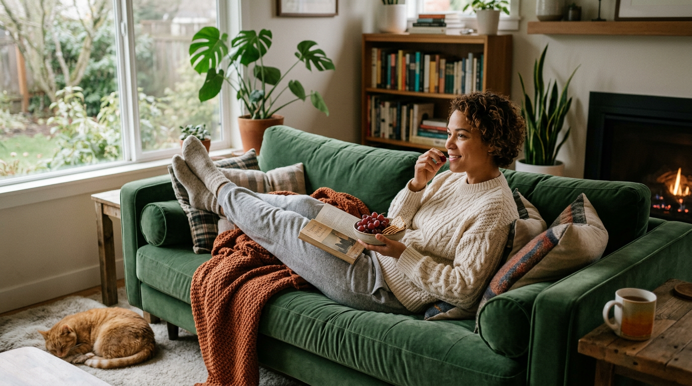 Woman lounging on green couch eating grapes and holding a book in cozy living room