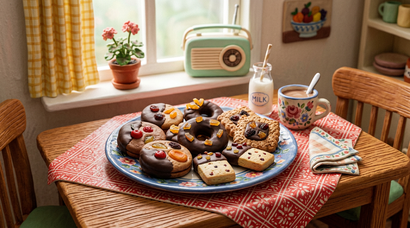 Retro table with assorted classic chocolate fruit cookies