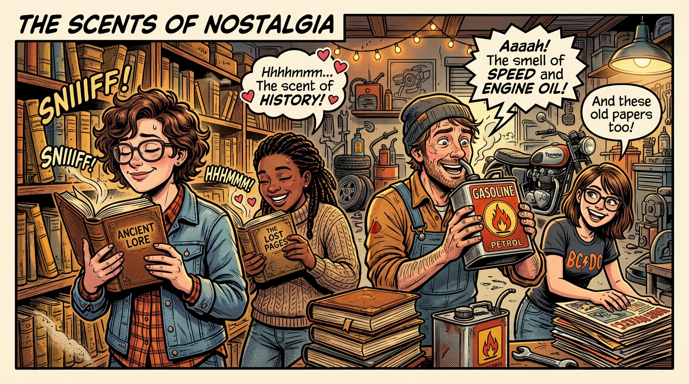 People happily smelling gasoline and old books