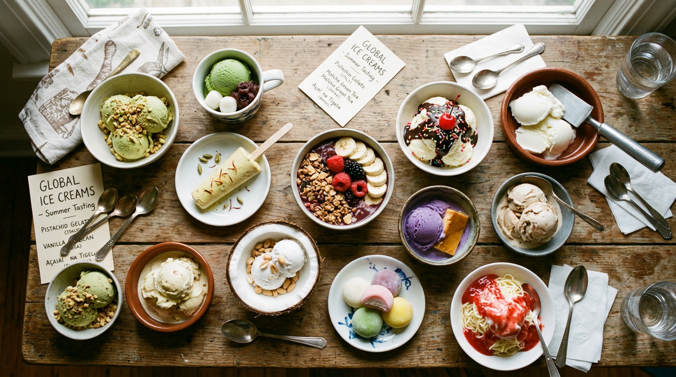 Variety of ice cream dishes including pistachio, matcha, vanilla, acai bowl, mochi, and more on rustic wooden table
