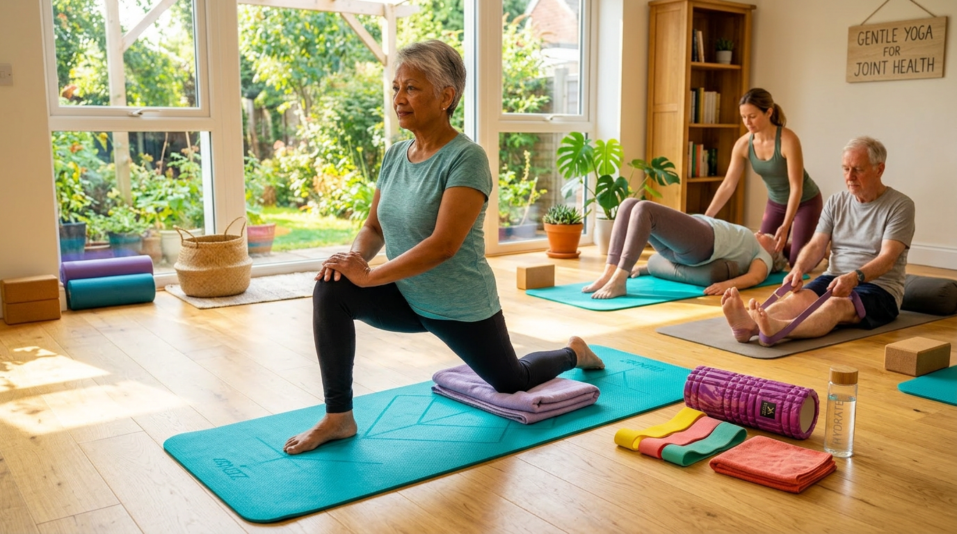 Yoga mat with foam roller, resistance bands, water bottle, and towel
