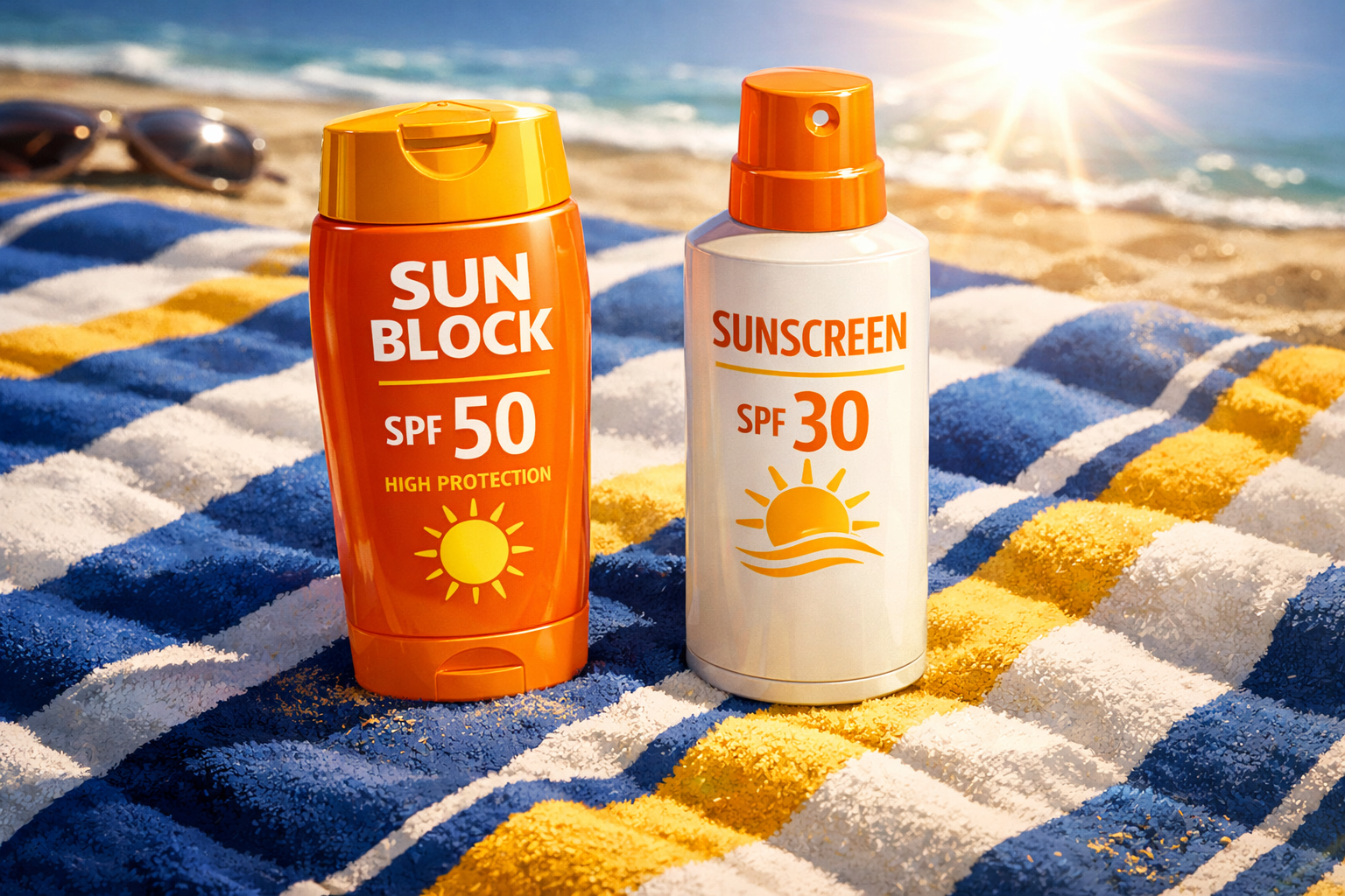 Orange sunblock SPF 50 bottle and white sunscreen SPF 30 bottle on striped beach towel