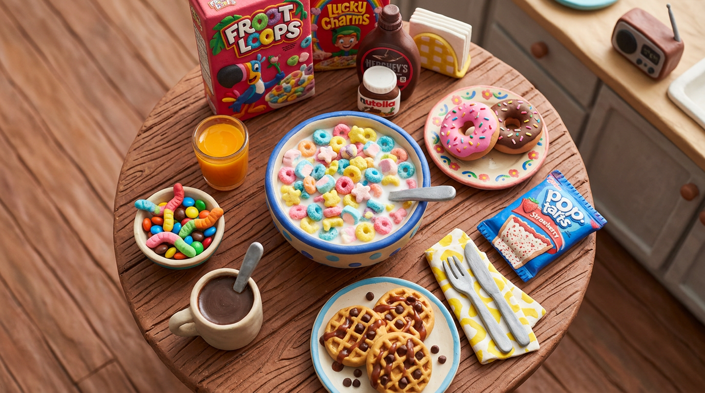 Bowl of colorful cereal with milk, donuts, waffles with chocolate, glass of orange juice, candy, and packaged Pop-Tarts on a wooden table