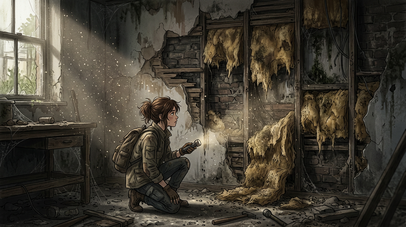 Young woman with backpack and flashlight examining an old, decaying room with exposed brick and torn insulation