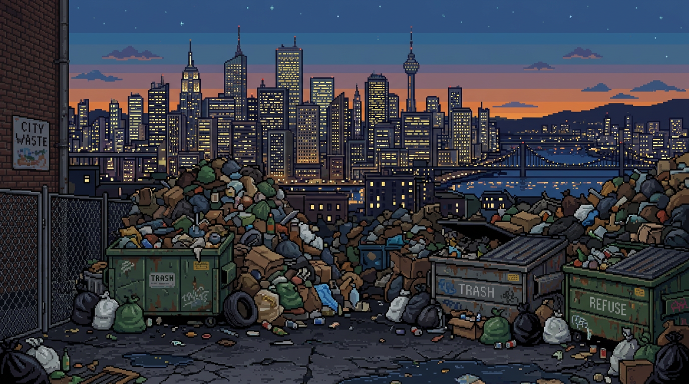 Pixel art city skyline at dusk with overflowing dumpsters and piles of trash in the foreground
