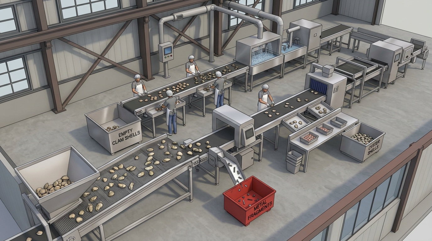 Food processing line with workers sorting and inspecting clam and oyster shells