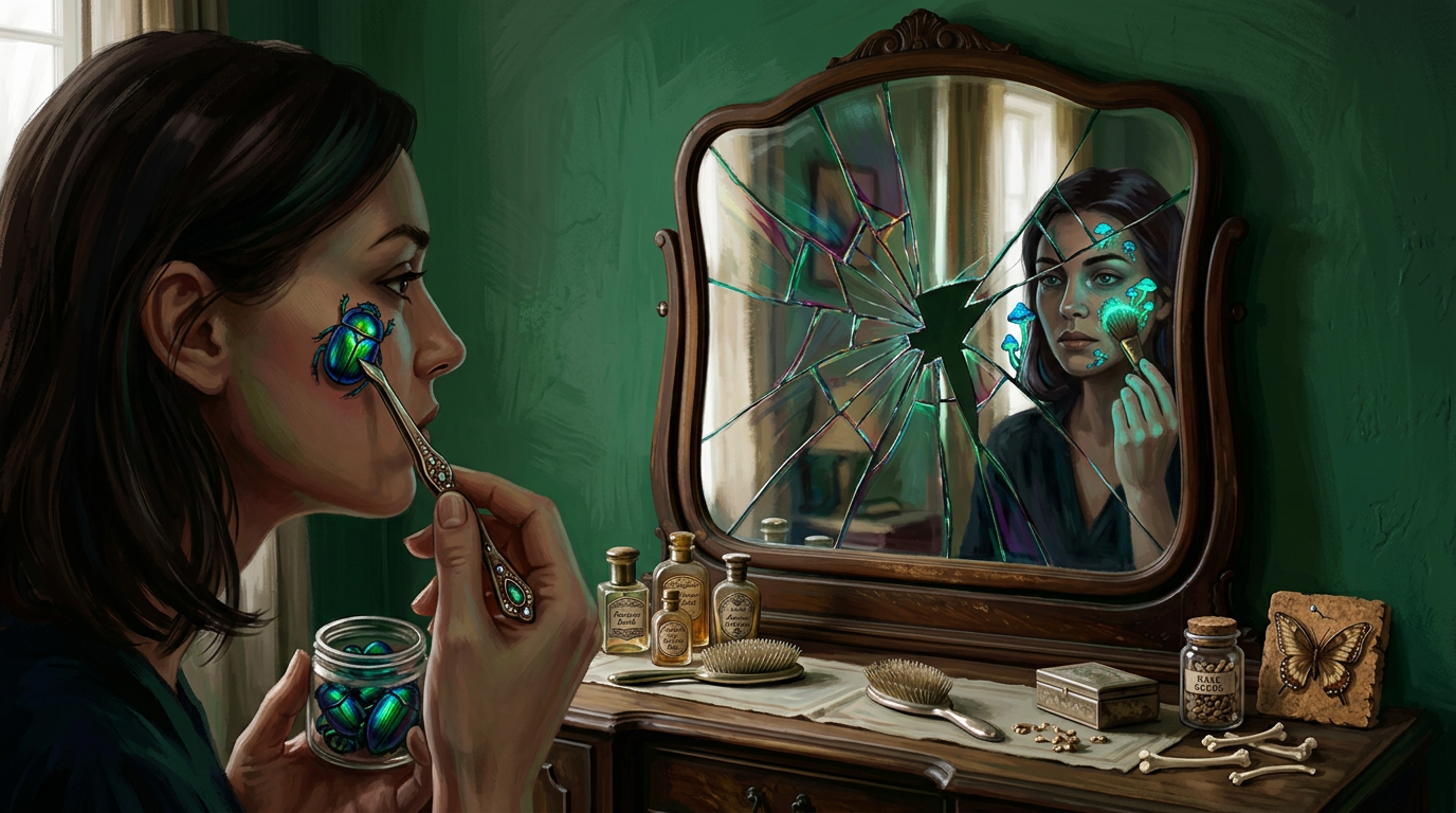 Woman's reflection in a cracked antique mirror on wooden dresser