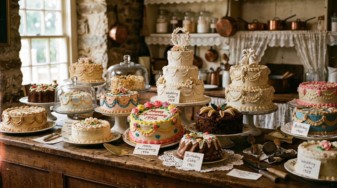 Various vintage cakes with labels showing dates from 1928 to 1961, including wedding, birthday, and anniversary cakes