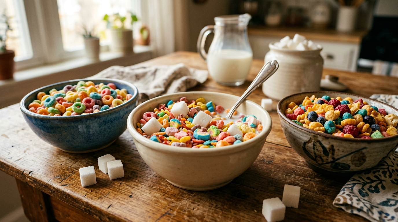Three bowls of colorful breakfast cereals, some with large sugar cubes, on a wooden table with a jug of milk