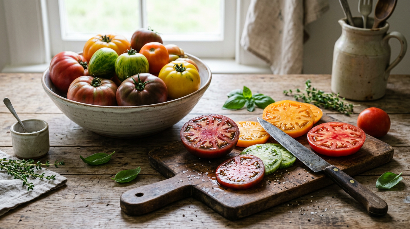 Colorful heirloom tomatoes whole and sliced on wooden cutting board with kitchen herbs