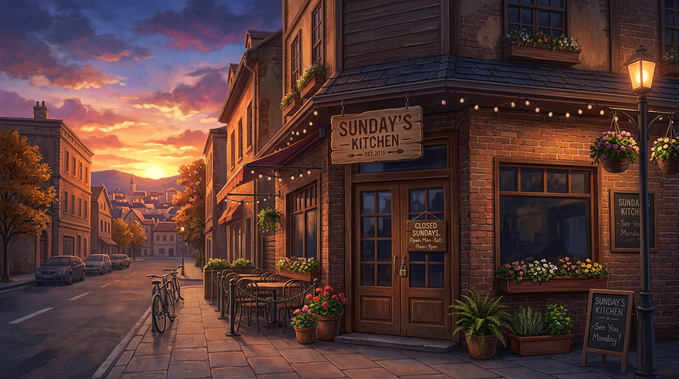 Restaurant exterior closed Sunday at sunset
